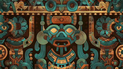 A colorful, ornate design with a face in the center