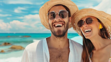 Fototapeta premium A happy couple enjoying a beach vacation, experiencing joyful moments in warm weather and beautiful surroundings