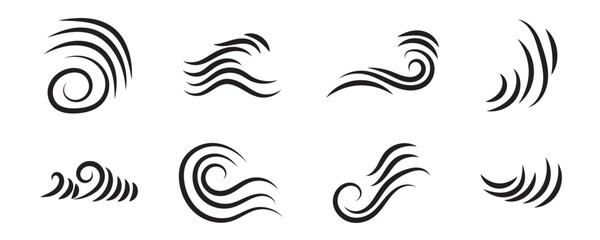 Doodle wind line sketch set. Hand drawn doodle wind motion, air blow, swirl elements. Sketch drawn air blow motion, smoke flow art, abstract line. Isolated on white background . vector illustration.