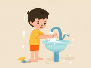 Child washes hands of art illustration, AI generated