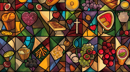 A colorful stained glass window with a variety of food items