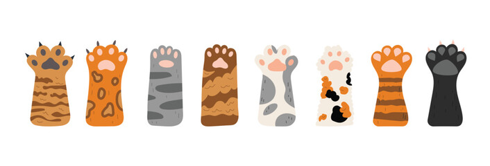 Vector set of cat paws. Different cute cat paws. Collection of pets feet with claws and different fur. Objects isolated on white background.