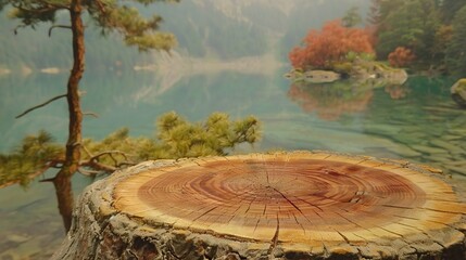   A stump sits in front of a lake surrounded by trees