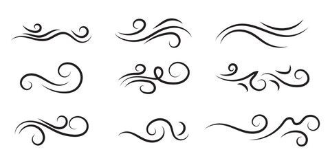 Doodle wind line sketch set. Hand drawn doodle wind motion, air blow, swirl elements. Sketch drawn air blow motion, smoke flow art, abstract line. Isolated on white background . vector illustration.