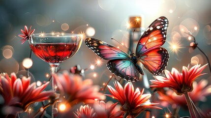   A butterfly perched on a glass of wine, while another glass with a red flower sat in the foreground
