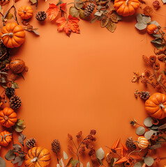 Obraz premium Thanksgiving, autumn or halloween pumpkin frame on orange background 