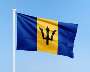 Barbados flag illustration on stick on sky background. Realistic flag illustration