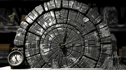 Obraz premium A clock sits atop a wooden plank next to a table