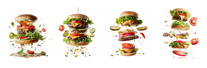  set of a deconstructed burger with sesame bun, lettuce, tomato, melted cheese, and juicy patties floating in the air, on a transparent background