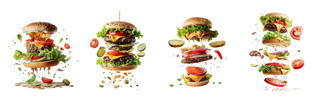  set of a deconstructed burger with sesame bun, lettuce, tomato, melted cheese, and juicy patties floating in the air, on a transparent background