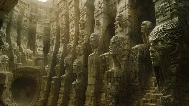 A maze of stone statues depicting figures in various states of transformation half human and half animal creating a sense of otherworldly magic.