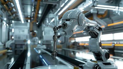 Obraz premium Clean and bright robotic factory environment with modern and high-tech details.