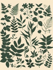 A modern and minimalist design featuring silhouettes of various leaves and flowers, perfect for eco-friendly branding and design projects. Generative AI