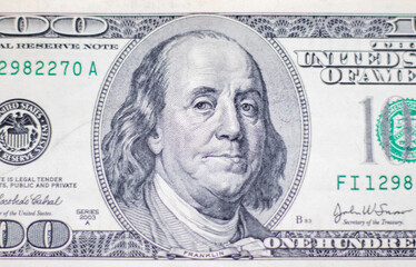 Close up shot of the 100 US dollars note bill. Finance