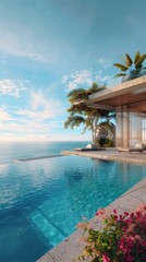 Obraz premium Modern villa with infinity pool overlooking the ocean, sunny day. Luxury vacation and serene getaway concept