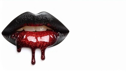 Lips with black lipstick and shiny glitter red gloss dripping down. Isolated on white background 