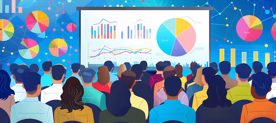 Business forum on innovation leadership and market dynamics featuring infographic visualizations and data presentation including young smiling professionals from around the world