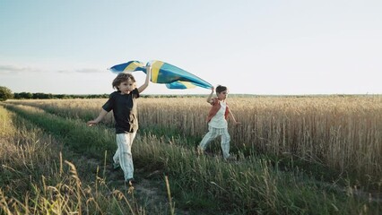 Swedish little kids - patriot children runs with national flag on nature background at summer sunset. Sverige celebration banner, holidays in Sweden