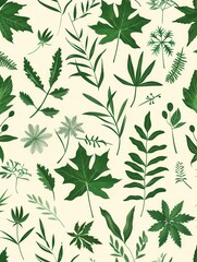Fototapeta premium A seamless pattern featuring green leaf silhouettes on a cream background. Ideal for eco-design projects. Generative AI