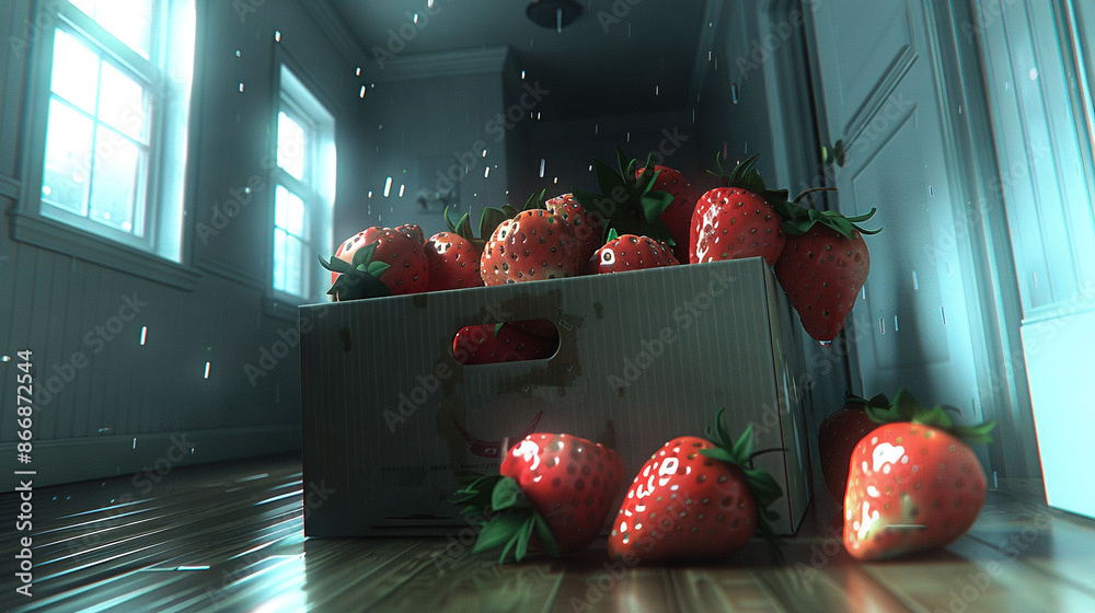 Wall mural   Box of strawberries on wooden floor by window during rainfall