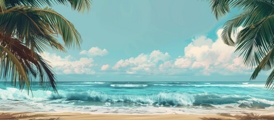 Tropical beach setting with ocean waves, sandy shore, and palm tree silhouettes - vacation backdrop. Tourism and seaside getaway, empty space for writing.