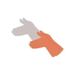 Hand gestures shadow theater, showing dog from palms and fingers, vector cartoon gaming animal puppet from hands action