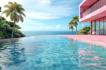 Fototapeta premium Pink floor with blurred background of tropical swimming pool and palm trees in sunlight, modern pink house