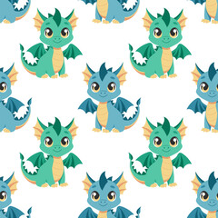 Naklejka premium Seamless pattern, cute colorful dragons on a white background. Cute cartoon dinosaurs. Design for textiles, print