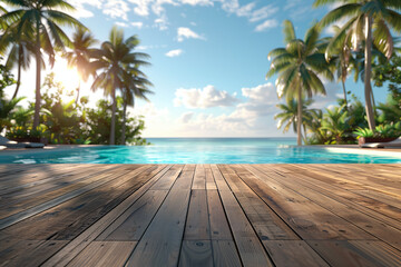 Fototapeta premium Wooden floor with blurred background of tropical swimming pool and palm trees in sunlight.