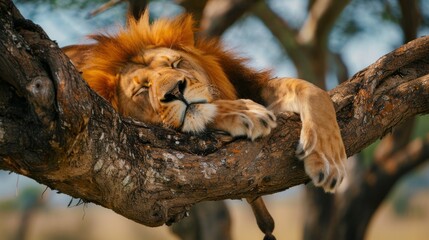 A lion rests peacefully on a branch of an acacia tree in the African savanna. The sun shines warmly...
