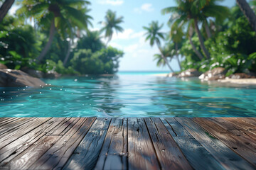 Fototapeta premium Wooden floor with blurred background of tropical swimming pool and palm trees in sunlight.