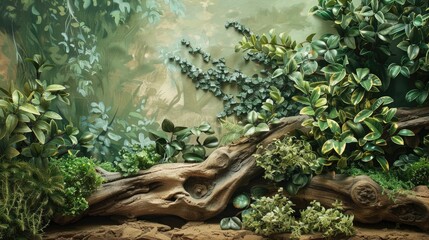 Ornamental backdrop featuring greenery shrubs and dead tree logs