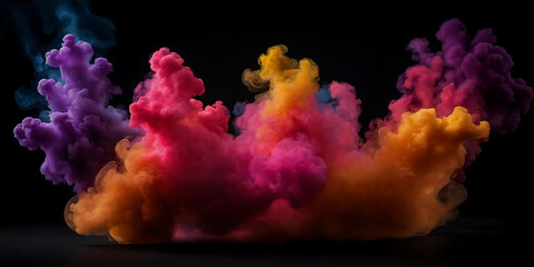 Fototapeta premium Lebendige Farbexplosion: Schillernde Rauchwolken in Violett, Pink, Orange und Gelb im Dunkeln