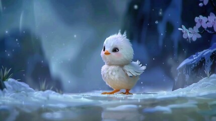  Small white bird on snowy ground in front of blue-white background with flowers