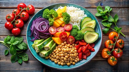 Fresh produce, grains, and nuts arranged on a wooden tabletop. Healthy eating
