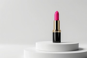 Pink lipstick stands on the podium on a white background. Holiday gift for women. Festive decoration of cosmetic products. Copy space.