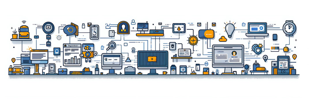 Detailed vector illustration of marketplace platform illustrating process of vendor registration product listing and transaction management featuring icons for marketplace dynamics and business growth
