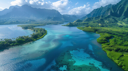 lagoon surrounded by lush greenery and mountains, with clear blue waters reflecting the sky, 