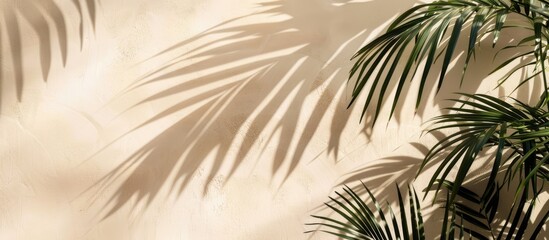 Obraz premium Palm leaves casting shadows on a soft beige wall. Tropical beach summer scenery. Top-down perspective with empty space for text, ideal as a wallpaper.