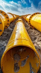Yellow industrial pipelines in dirt during construction with blue sky. Infrastructure development and engineering project concept
