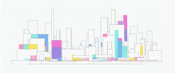Clear and graphic depiction of a skyline consisting of dark lines and colored areas in an artistic architectural style