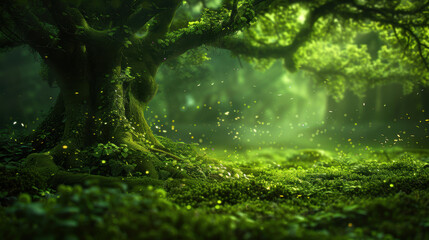  mossy forest fairy tale with trees  random flying fireflies