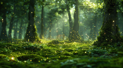 Fototapeta premium mossy forest fairy tale with trees random flying fireflies