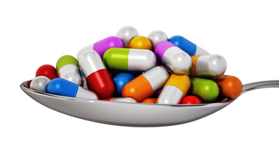 Multi colored vitamin pills inside a metal spoon isolated transparent background. 3D illustration