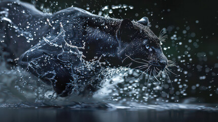 Obraz premium A black panther rushing through a black background and water.