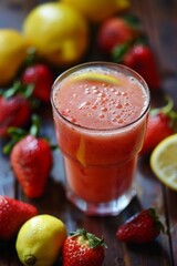 Refreshing Summer Strawberry Lemonade in Glass. Grilled Strawberry Lemonade