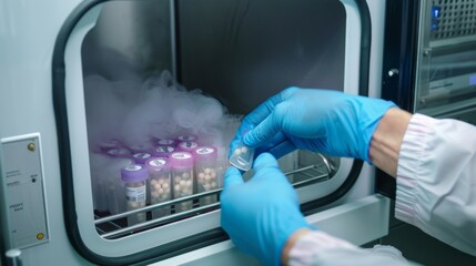 A lab technician placing test tubes with embryos into a cryogenic freezer, illustrating the process of embryo preservation