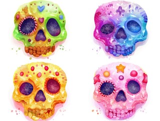 Four sugar skulls with colorful designs