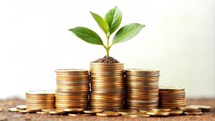 Green Saplings Growing Out of Stacked Gold Coins in a Sunny Forest. Saving.
