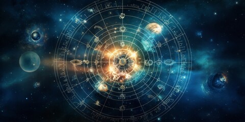 Obraz premium Cosmic Astrology Chart with Zodiac Signs over Nebulae in Space. International Astronomy Day